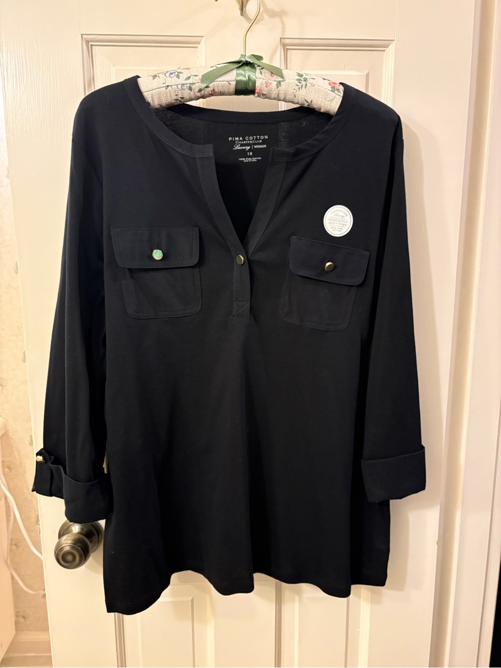 Charter Club Black Pima Cotton Split-V Button-Pocket Tunic